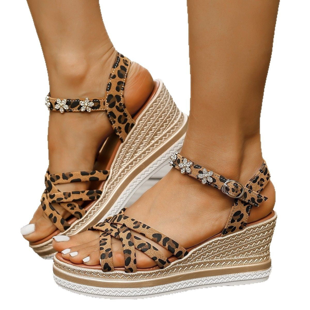 Sandales à plateforme en daim pour femme, avec boucle à la cheville et bout ouvert